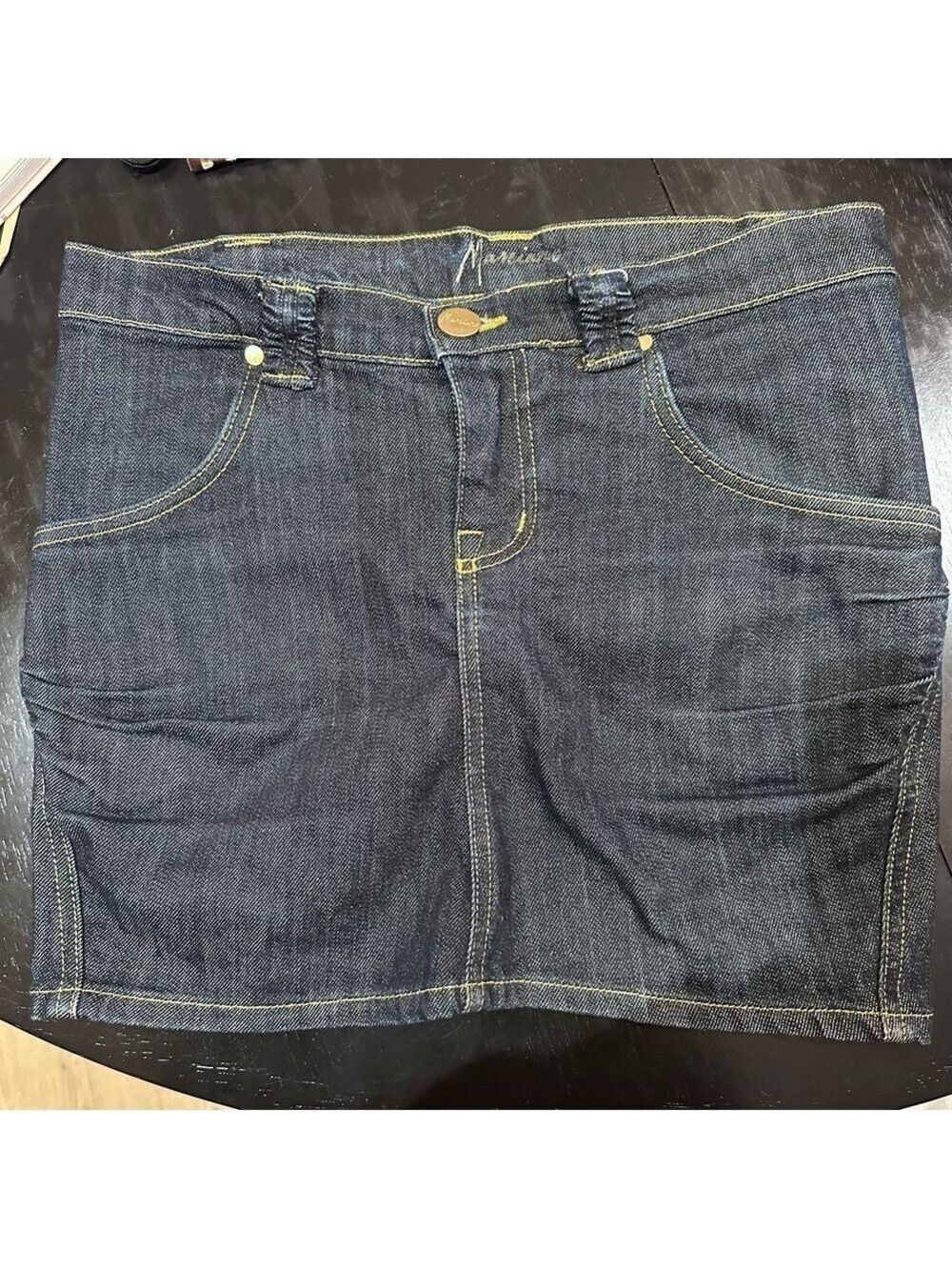 MARCIANO DENIM MINI SKIRT WITH RUCHING AT BUTT & THIGHS, SZ 28